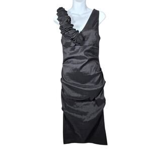 Betsy & Adam Black Dress 6 Asymmetrical V-Neck Ruffle Shoulder Ruched Sheath LBD
